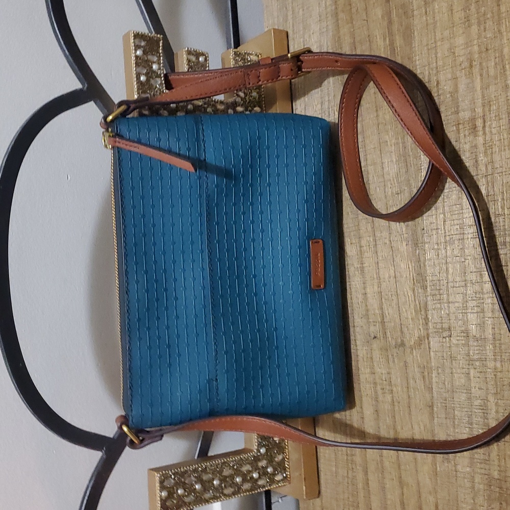 Fossil Fiona Teal Turquoise Woven Canvas Crossbody Purse Bag - Picture 3 of 14